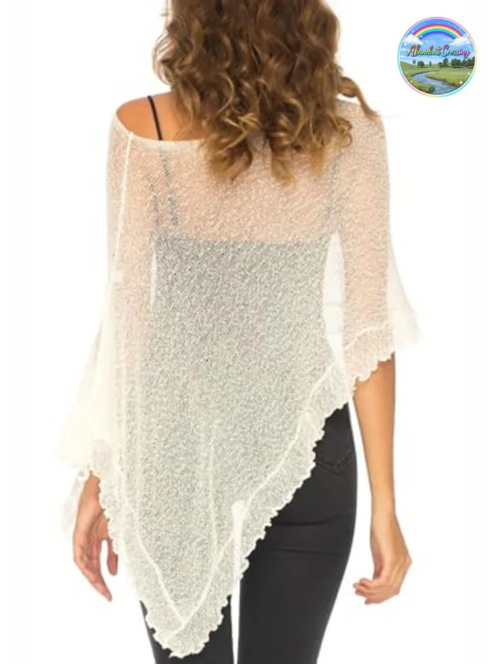 Sheer Knit Poncho Shrug Lightweight Asymmetrical Ruffle Wrap Convertible Shawl
